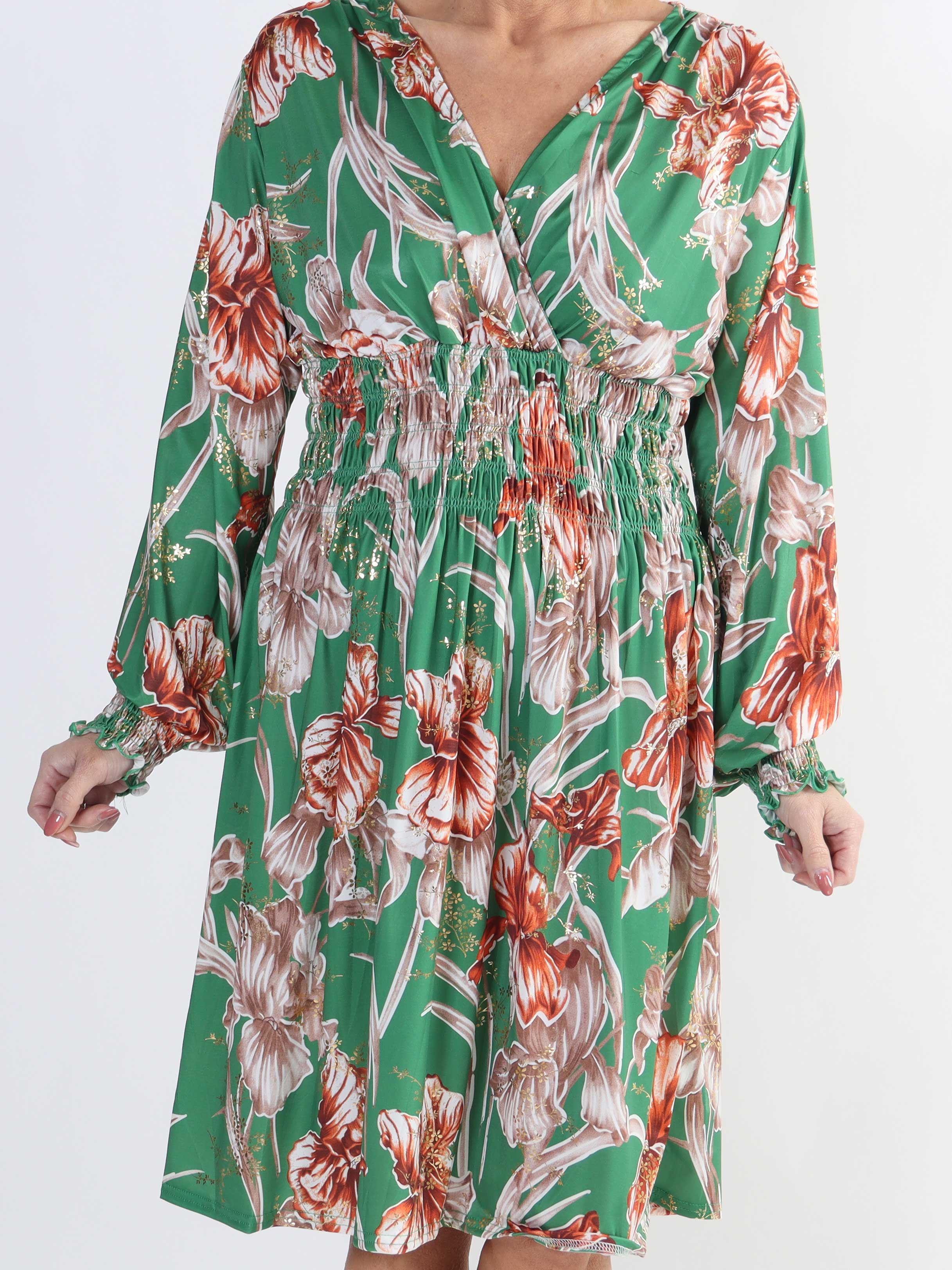 Pams Flower Short L/S - Elastisk mønstret plus size kjole i krølfrit stof